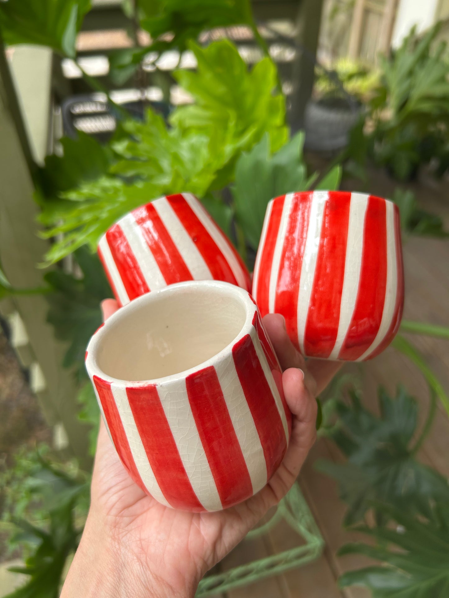 Handmade Striped Ceramic Cup • Tomato