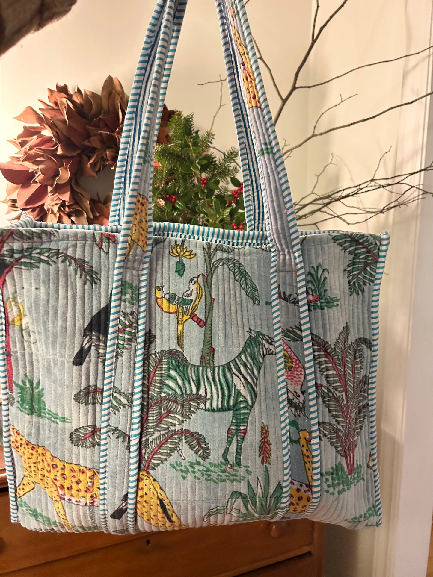 Quilted Velvet Tote • Light Blue