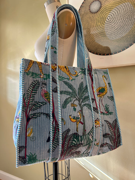 Quilted Velvet Tote • Light Blue